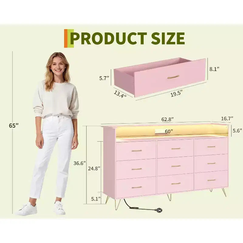 Commode haute à 9 tiroirs de 36,6x62,8x16,7 pouces, armoire de rangement moderne avec organisateur multifonctionnel pour usage multi-pièces, design élégant