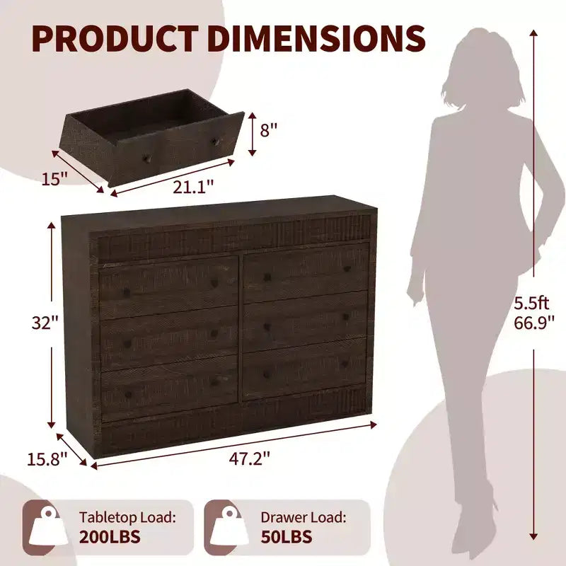 Commode à 7 tiroirs cannelés, commode moderne en bois de 137 cm de large avec tiroirs coulissants fluides et dispositif anti-basculement, pour chambre, salon ou entrée