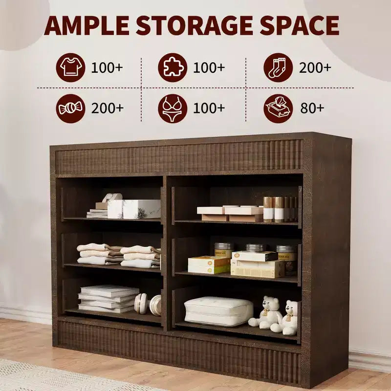 Commode à 7 tiroirs cannelés, commode moderne en bois de 137 cm de large avec tiroirs coulissants fluides et dispositif anti-basculement, pour chambre, salon ou entrée