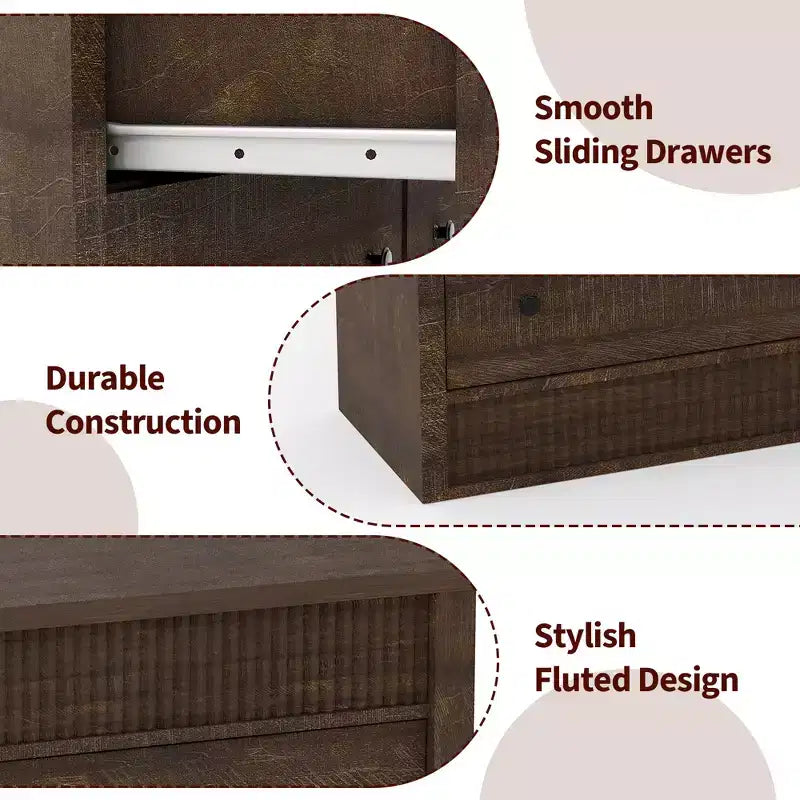 Commode à 7 tiroirs cannelés, commode moderne en bois de 137 cm de large avec tiroirs coulissants fluides et dispositif anti-basculement, pour chambre, salon ou entrée