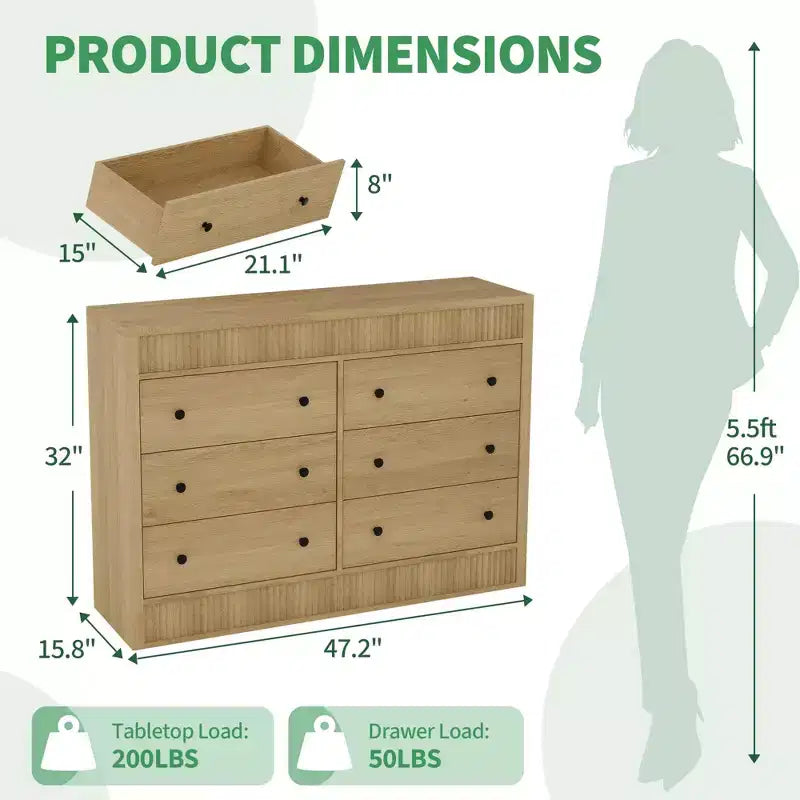 Commode à 7 tiroirs cannelés, commode moderne en bois de 137 cm de large avec tiroirs coulissants fluides et dispositif anti-basculement, pour chambre, salon ou entrée