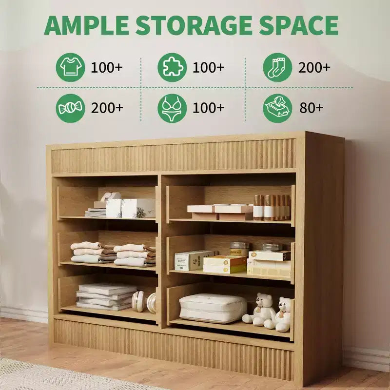 Commode à 7 tiroirs cannelés, commode moderne en bois de 137 cm de large avec tiroirs coulissants fluides et dispositif anti-basculement, pour chambre, salon ou entrée