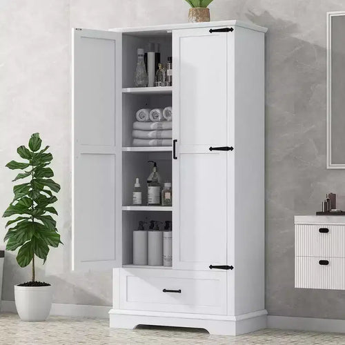 175.3 cm tall white bathroom storage cabinet with adjustable shelves