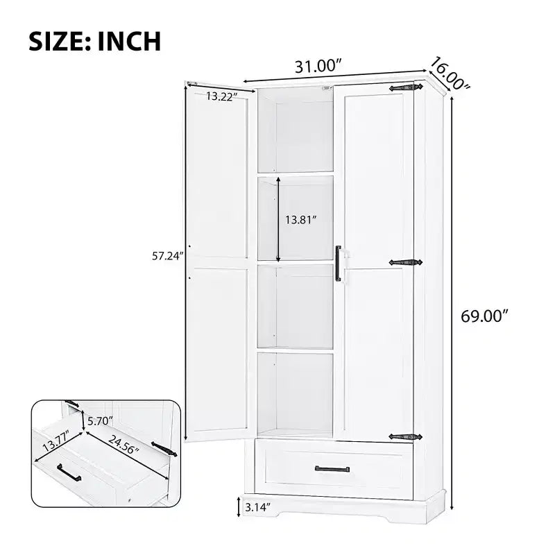 Armoire de rangement de salle de bain haute de 69 po, armoire de rangement de cuisine autoportante avec étagères réglables, armoire de salle de bain d'appoint pour salon, buanderie