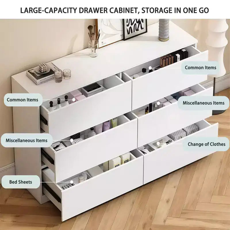 Commode blanche à tiroirs, commode moderne pour chambre avec plateau spacieux, meuble de rangement en bois avec poignées dissimulées