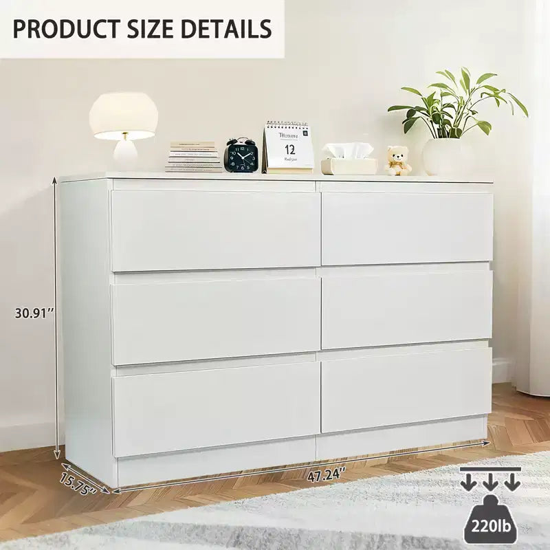 Commode blanche à tiroirs, commode moderne pour chambre avec plateau spacieux, meuble de rangement en bois avec poignées dissimulées
