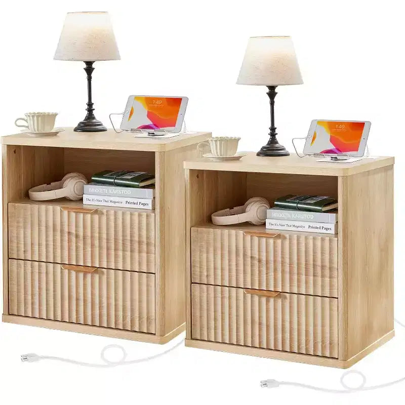 Table de Chevet de Ferme Cannelée, Table de Chevet Moderne du Milieu du Siècle 23, Table d'Appoint à 2 Tiroirs, Ensemble de Tables d'Appoint en Bois pour Chambre à Coucher, Canapé, Bureau à Domicile