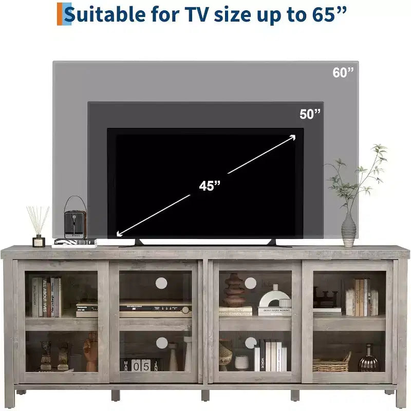 Meuble TV de 165 cm de large avec 4 portes vitrées et placard de rangement