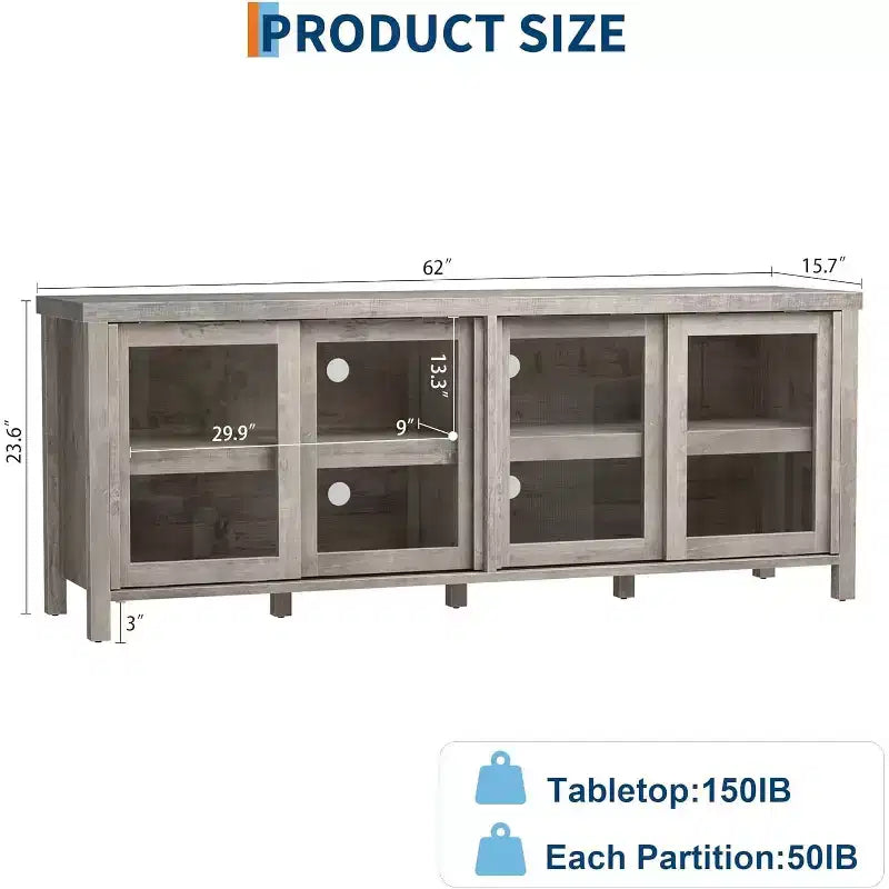 Meuble TV de 165 cm de large avec 4 portes vitrées et placard de rangement