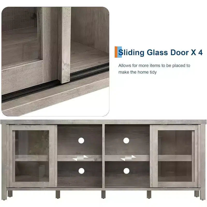 Meuble TV de 165 cm de large avec 4 portes vitrées et placard de rangement