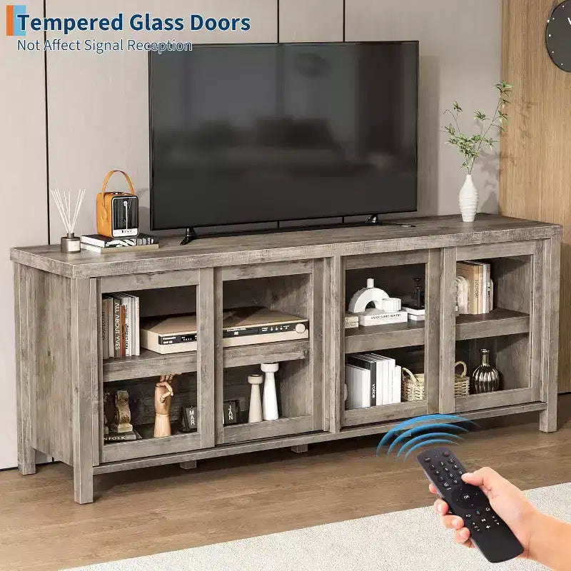 Meuble TV de 165 cm de large avec 4 portes vitrées et placard de rangement