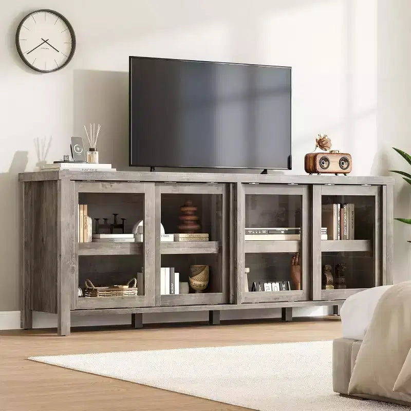 Meuble TV de 165 cm de large avec 4 portes vitrées et placard de rangement