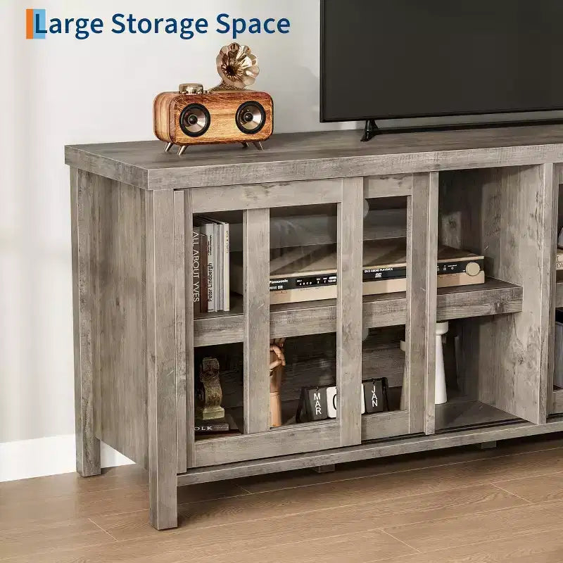 Meuble TV de 165 cm de large avec 4 portes vitrées et placard de rangement