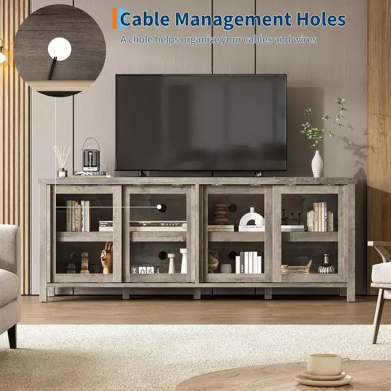 Meuble TV de 165 cm de large avec 4 portes vitrées et placard de rangement