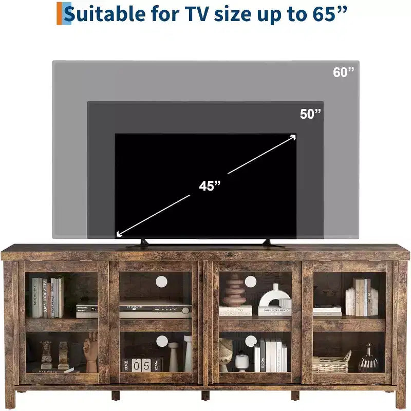 Meuble TV de 165 cm de large avec 4 portes vitrées et placard de rangement