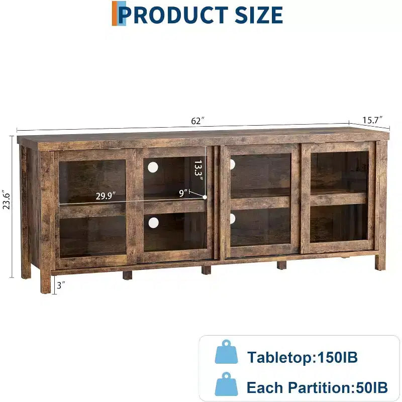 Meuble TV de 165 cm de large avec 4 portes vitrées et placard de rangement