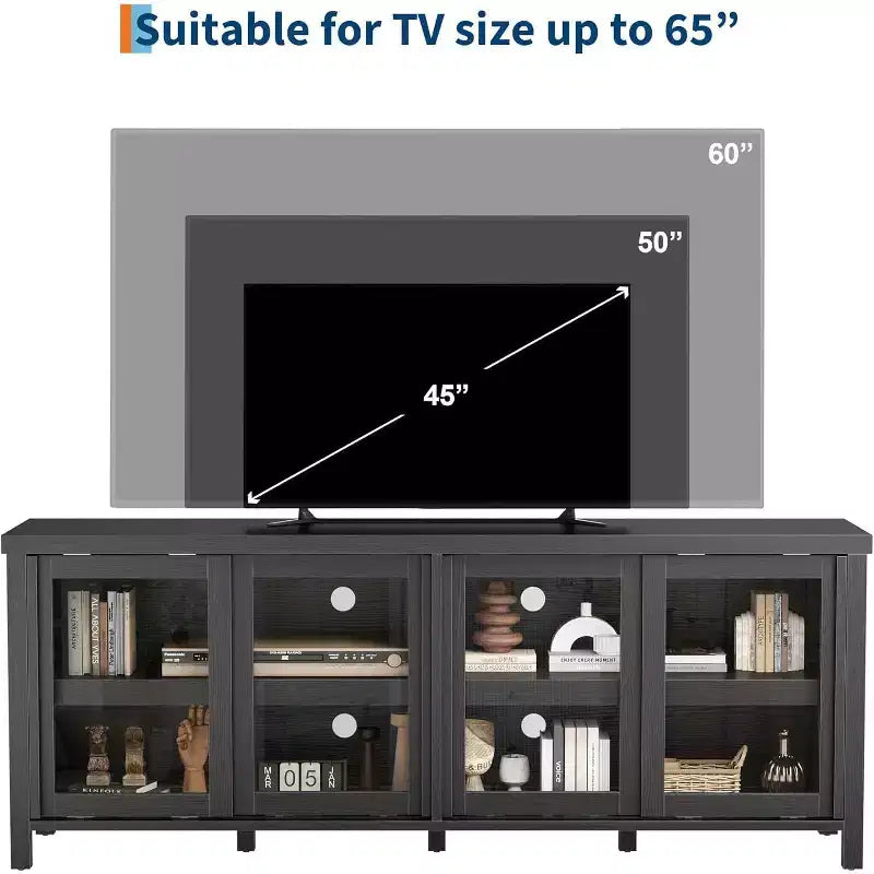 Meuble TV de 165 cm de large avec 4 portes vitrées et placard de rangement