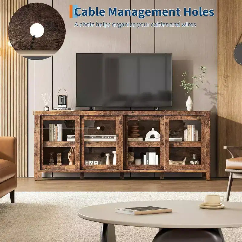 Meuble TV de 165 cm de large avec 4 portes vitrées et placard de rangement