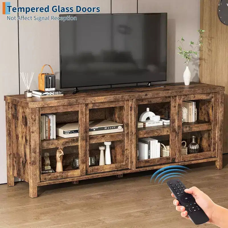 Meuble TV de 165 cm de large avec 4 portes vitrées et placard de rangement