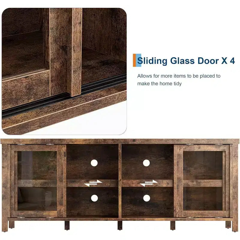 Meuble TV de 165 cm de large avec 4 portes vitrées et placard de rangement