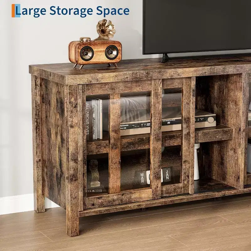 Meuble TV de 165 cm de large avec 4 portes vitrées et placard de rangement