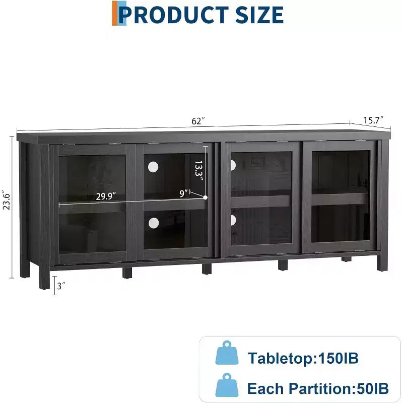 Meuble TV de 165 cm de large avec 4 portes vitrées et placard de rangement