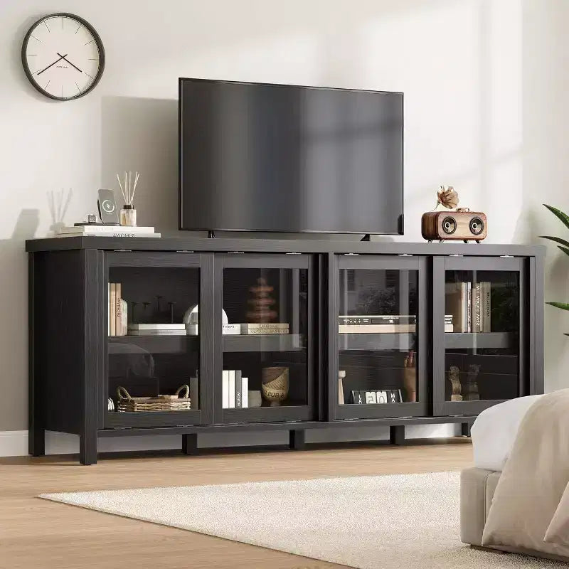 Meuble TV de 165 cm de large avec 4 portes vitrées et placard de rangement