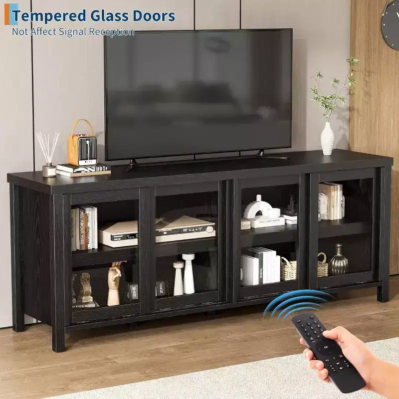 Meuble TV de 165 cm de large avec 4 portes vitrées et placard de rangement