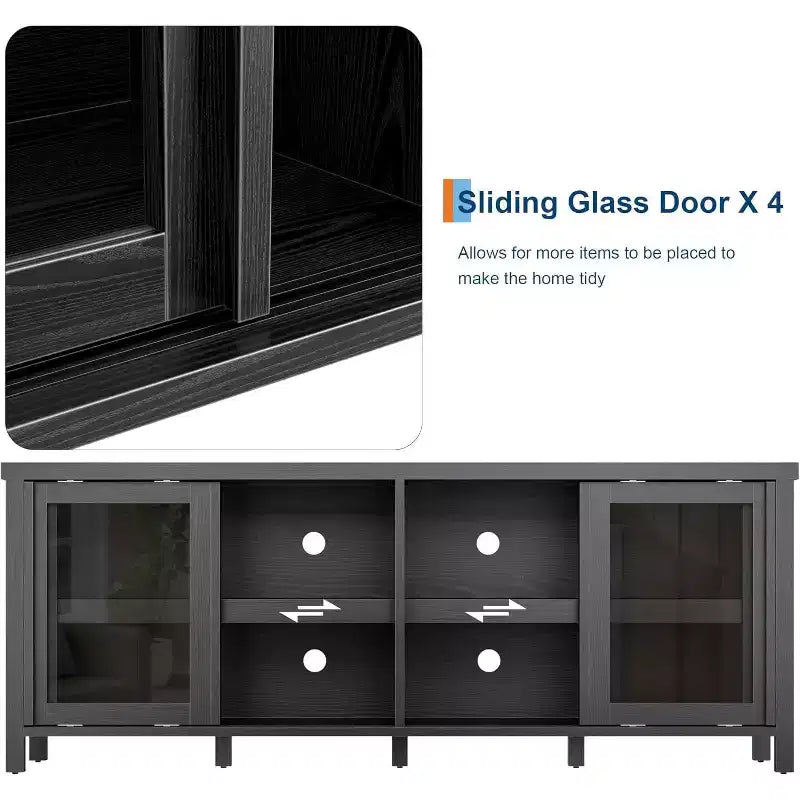 Meuble TV de 165 cm de large avec 4 portes vitrées et placard de rangement