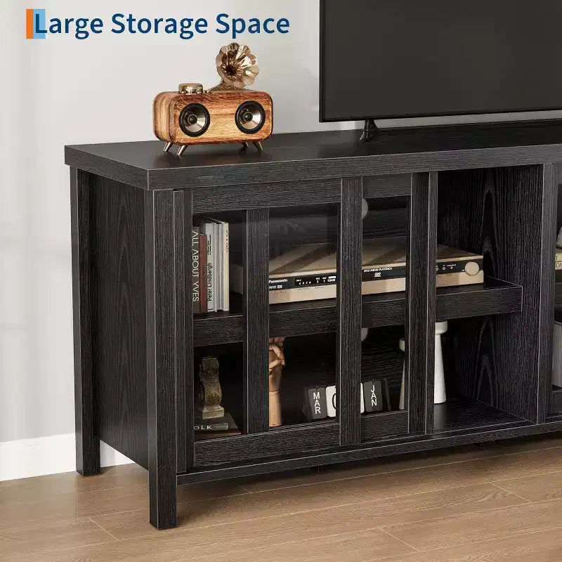 Meuble TV de 165 cm de large avec 4 portes vitrées et placard de rangement