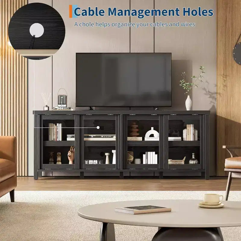 Meuble TV de 165 cm de large avec 4 portes vitrées et placard de rangement