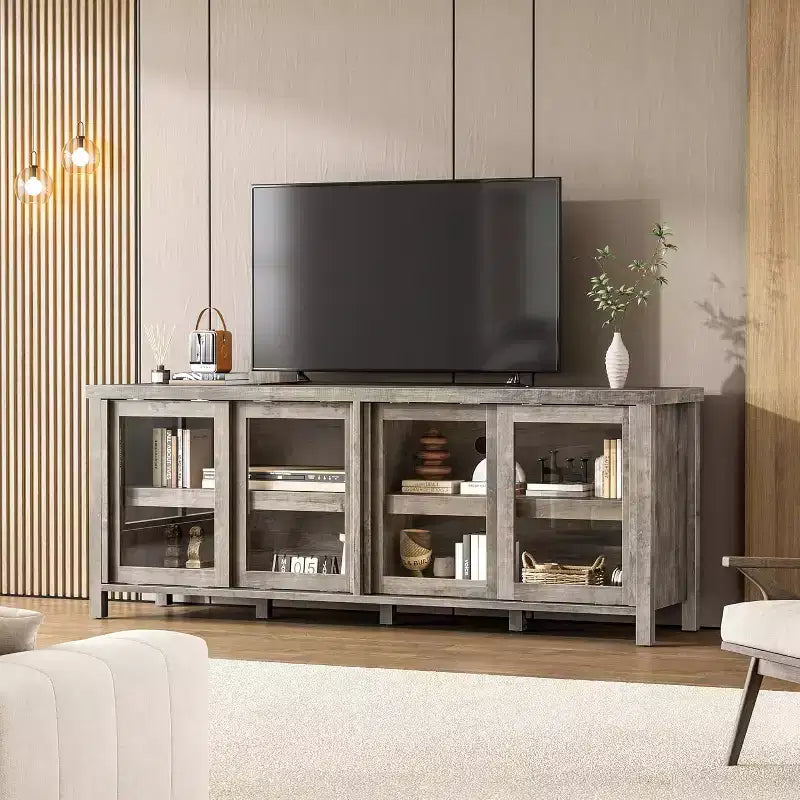 Meuble TV de 165 cm de large avec 4 portes vitrées et placard de rangement