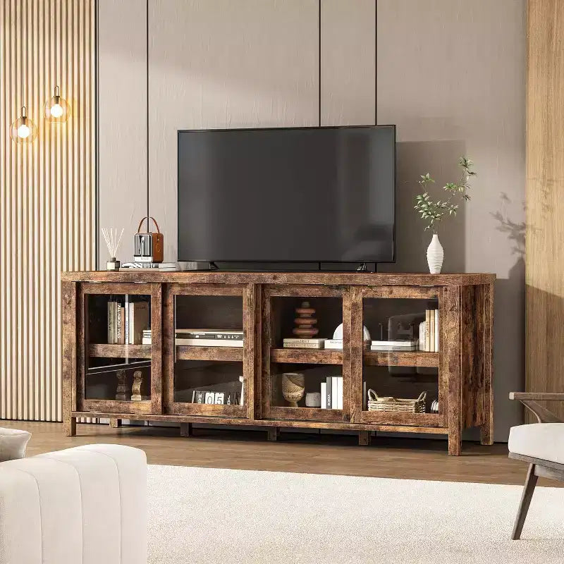 Meuble TV de 165 cm de large avec 4 portes vitrées et placard de rangement