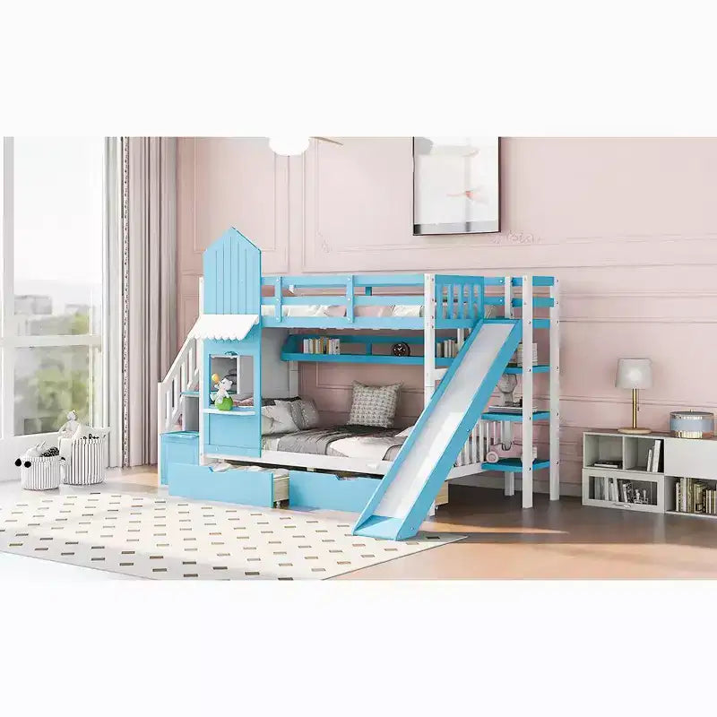 Lit superposé château simple avec 2 tiroirs, 3 étagères et toboggan – Lit mezzanine pour enfants