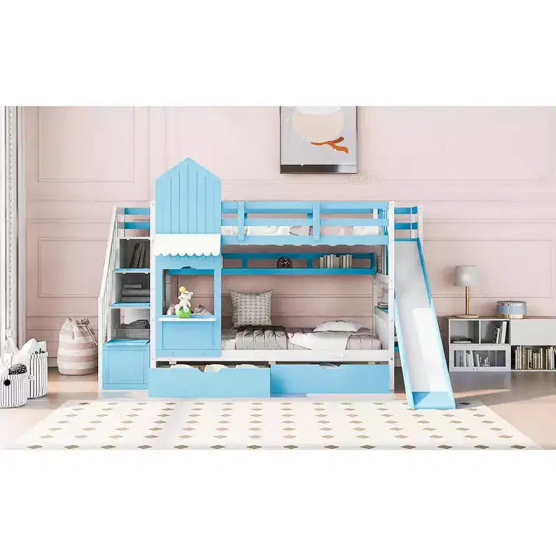 Lit superposé château simple avec 2 tiroirs, 3 étagères et toboggan – Lit mezzanine pour enfants