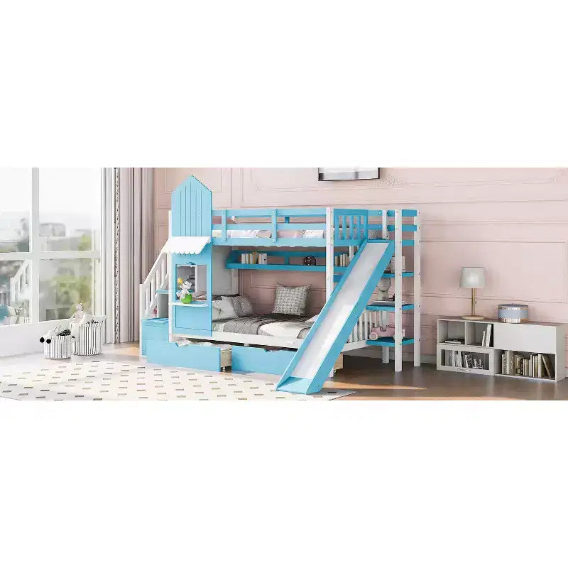 Lit superposé château simple avec 2 tiroirs, 3 étagères et toboggan – Lit mezzanine pour enfants