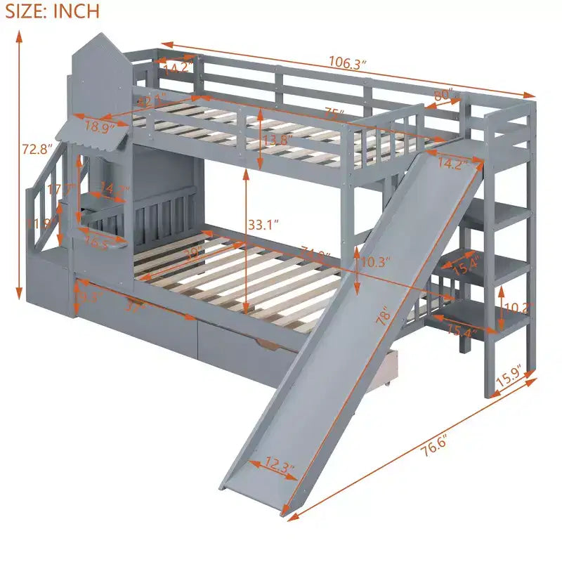 Lit superposé château simple avec 2 tiroirs, 3 étagères et toboggan – Lit mezzanine pour enfants