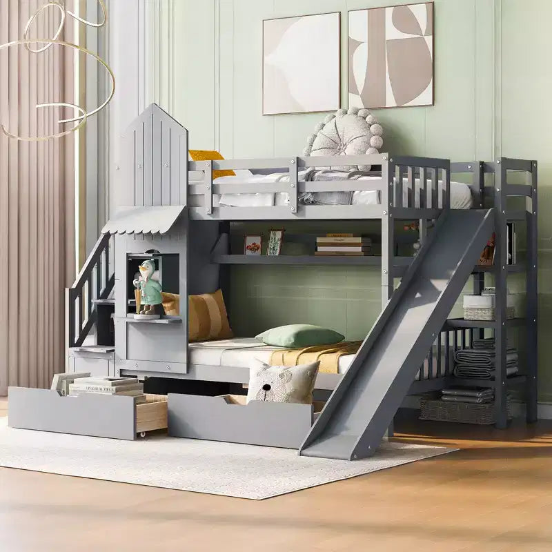Lit superposé château simple avec 2 tiroirs, 3 étagères et toboggan – Lit mezzanine pour enfants