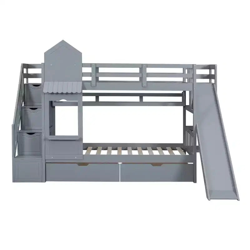 Lit superposé château simple avec 2 tiroirs, 3 étagères et toboggan – Lit mezzanine pour enfants