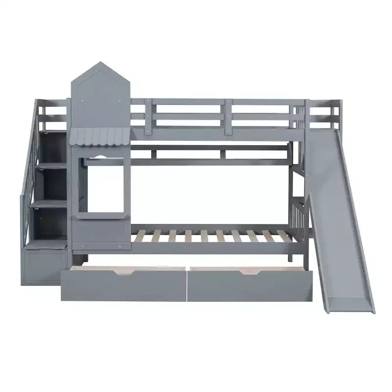 Lit superposé château simple avec 2 tiroirs, 3 étagères et toboggan – Lit mezzanine pour enfants