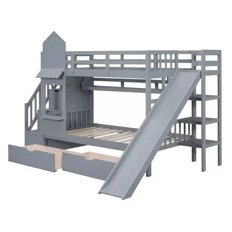 Lit superposé château simple avec 2 tiroirs, 3 étagères et toboggan – Lit mezzanine pour enfants