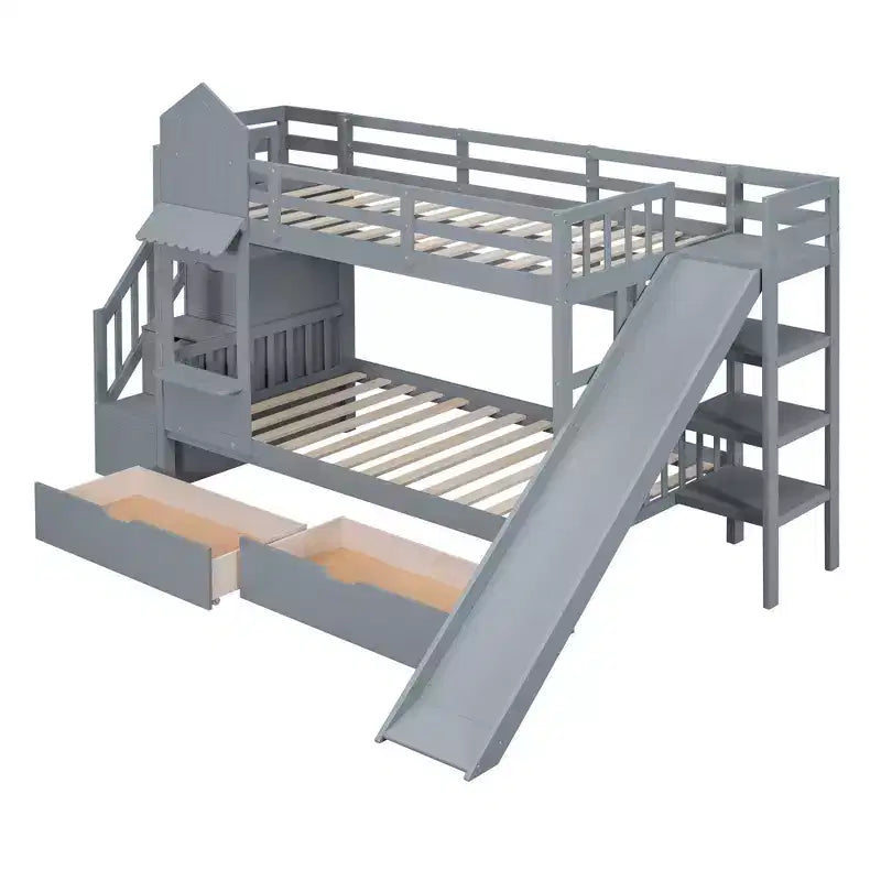 Lit superposé château simple avec 2 tiroirs, 3 étagères et toboggan – Lit mezzanine pour enfants