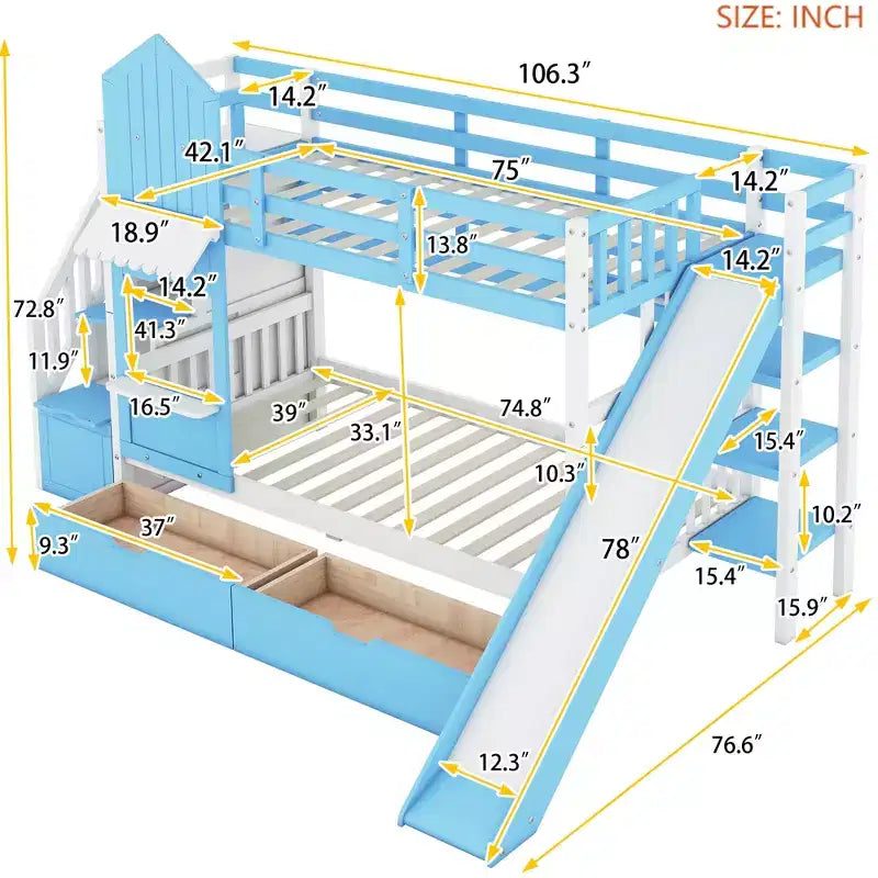 Lit superposé château simple avec 2 tiroirs, 3 étagères et toboggan – Lit mezzanine pour enfants