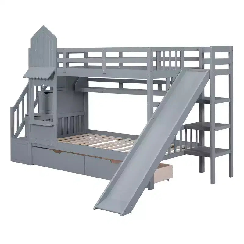 Lit superposé château simple avec 2 tiroirs, 3 étagères et toboggan – Lit mezzanine pour enfants