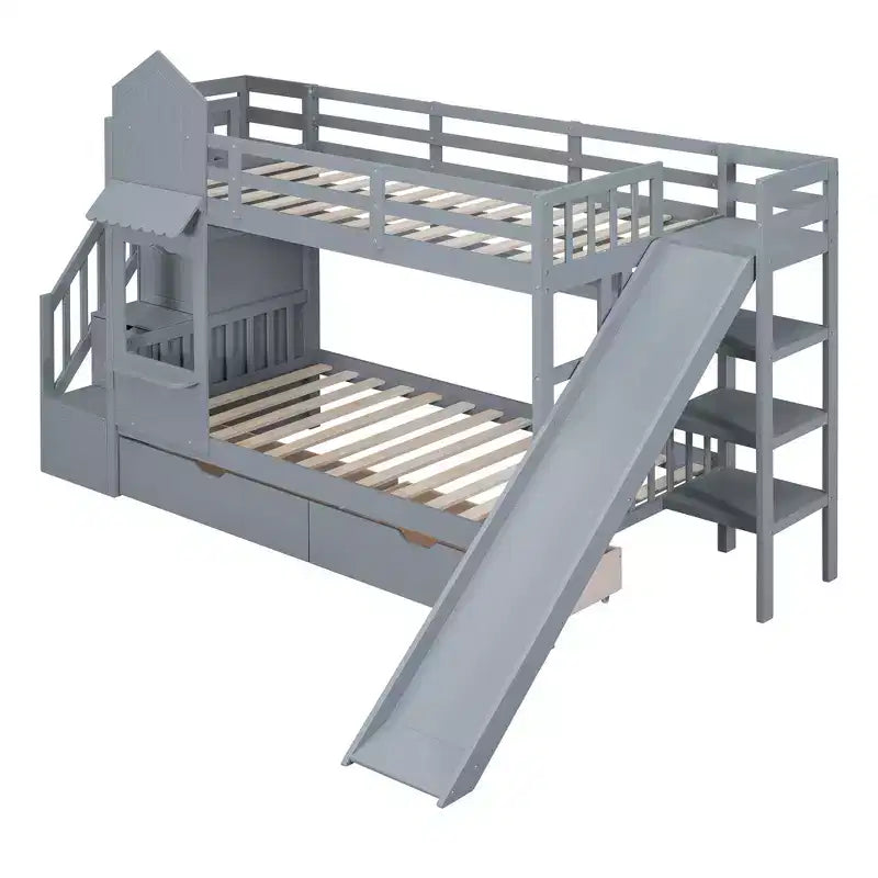 Lit superposé château simple avec 2 tiroirs, 3 étagères et toboggan – Lit mezzanine pour enfants