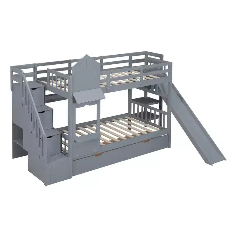 Lit superposé château simple avec 2 tiroirs, 3 étagères et toboggan – Lit mezzanine pour enfants