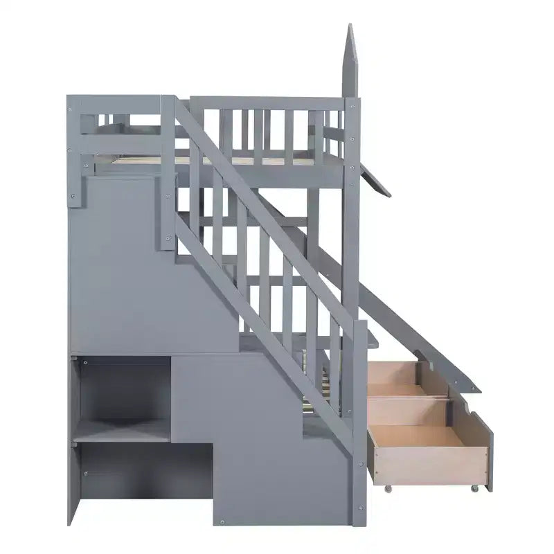 Lit superposé château simple avec 2 tiroirs, 3 étagères et toboggan – Lit mezzanine pour enfants