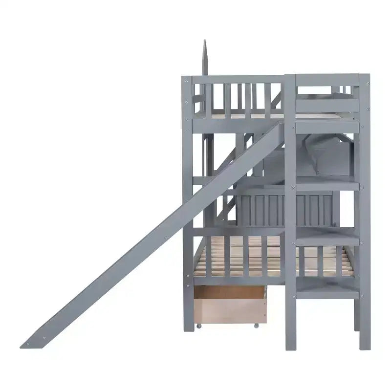 Lit superposé château simple avec 2 tiroirs, 3 étagères et toboggan – Lit mezzanine pour enfants