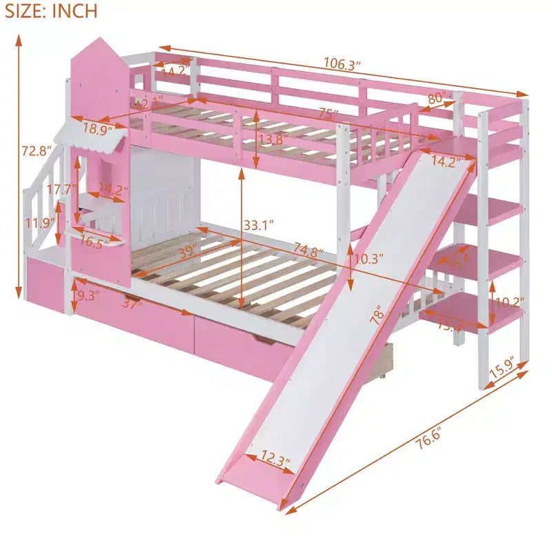 Lit superposé château simple avec 2 tiroirs, 3 étagères et toboggan – Lit mezzanine pour enfants