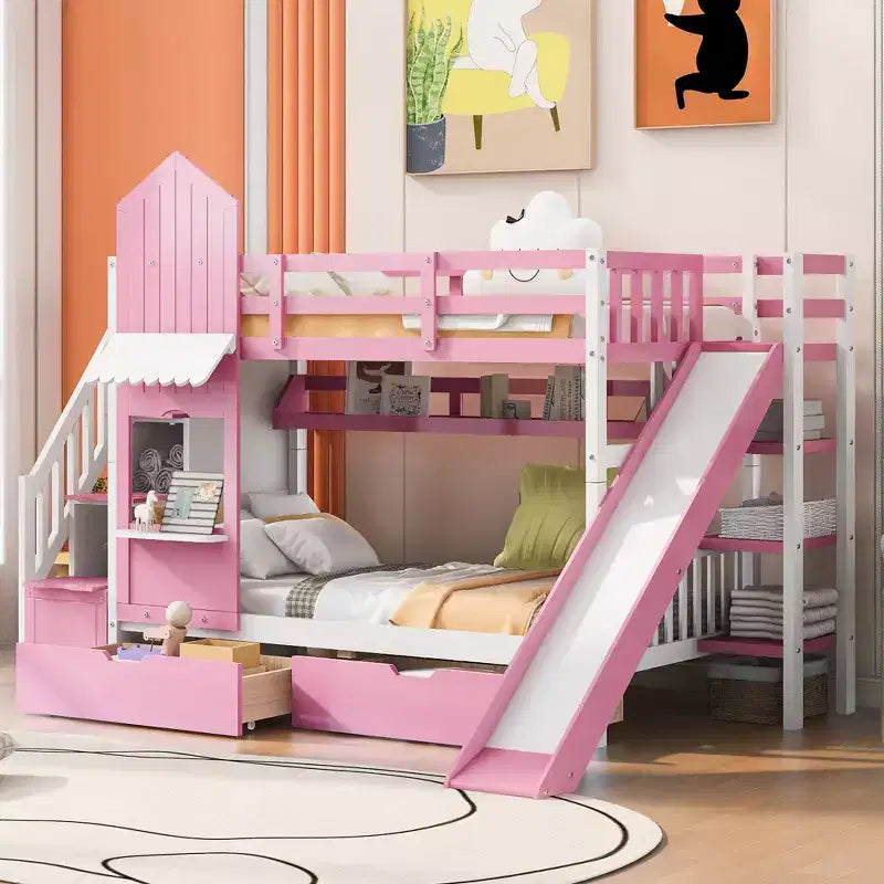 Lit superposé château simple avec 2 tiroirs, 3 étagères et toboggan – Lit mezzanine pour enfants